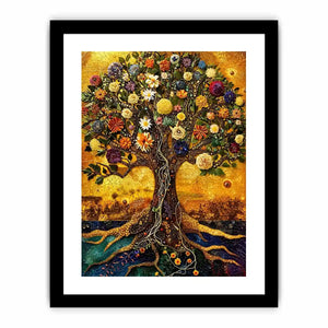 Golden tree of life mosaic wall art canvas with colorful flowers, luxury botanical decor for living room and bedroom