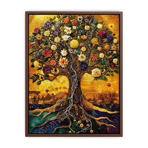 Golden tree of life mosaic wall art canvas with colorful flowers, luxury botanical decor for living room and bedroom