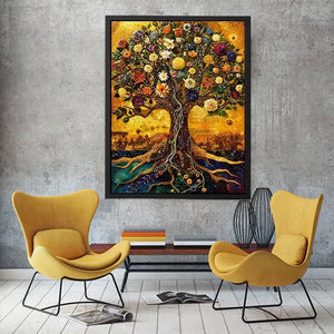 Golden tree of life mosaic wall art canvas with colorful flowers, luxury botanical decor for living room and bedroom