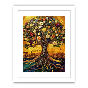 Golden tree of life mosaic wall art canvas with colorful flowers, luxury botanical decor for living room and bedroom