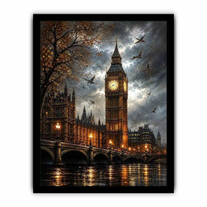 Dramatic painting of Big Ben and Westminster Bridge with birds flying in a moody sky