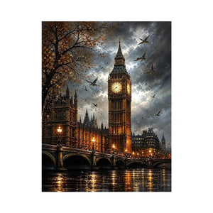 Dramatic painting of Big Ben and Westminster Bridge with birds flying in a moody sky