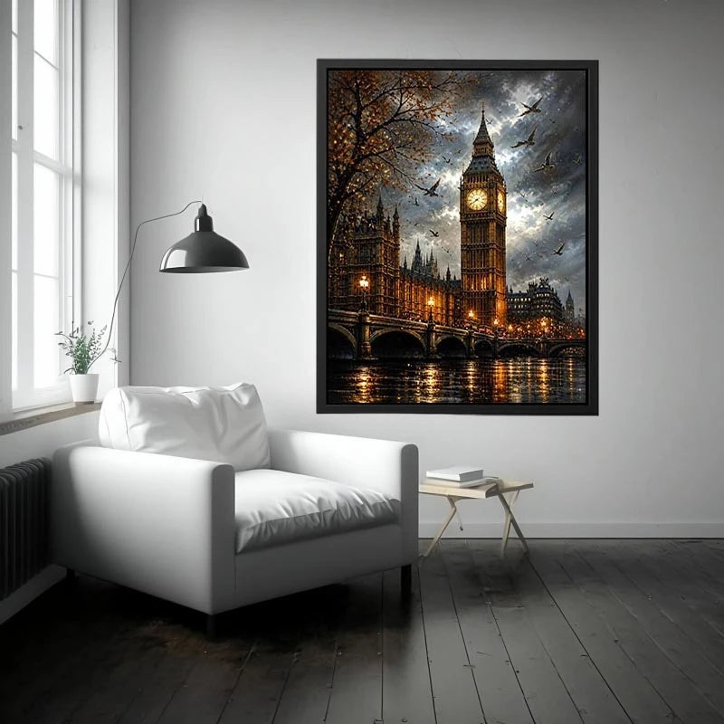 Dramatic painting of Big Ben and Westminster Bridge with birds flying in a moody sky