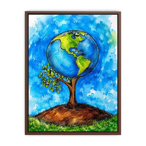 Watercolor Earth tree illustration with blue background and eco inspired modern wall art design