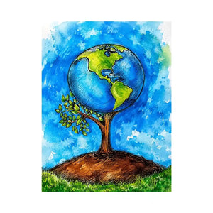 Watercolor Earth tree illustration with blue background and eco inspired modern wall art design