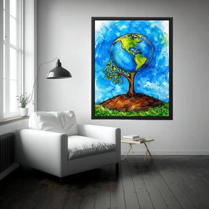 Watercolor Earth tree illustration with blue background and eco inspired modern wall art design