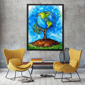 Watercolor Earth tree illustration with blue background and eco inspired modern wall art design