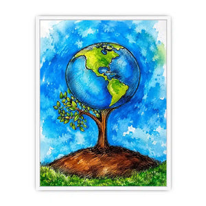 Watercolor Earth tree illustration with blue background and eco inspired modern wall art design