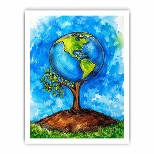 Watercolor Earth tree illustration with blue background and eco inspired modern wall art design