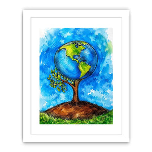 Watercolor Earth tree illustration with blue background and eco inspired modern wall art design