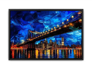 Modern city bridge nightscape painting with illuminated skyline and blue urban reflections wall art
