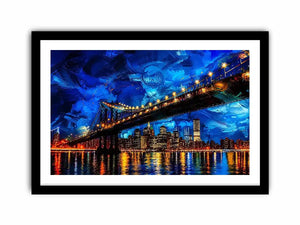 Modern city bridge nightscape painting with illuminated skyline and blue urban reflections wall art