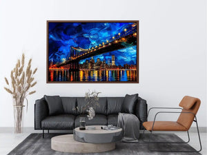 Modern city bridge nightscape painting with illuminated skyline and blue urban reflections wall art