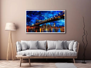 Modern city bridge nightscape painting with illuminated skyline and blue urban reflections wall art