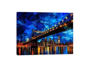 Modern city bridge nightscape painting with illuminated skyline and blue urban reflections wall art