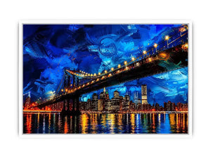 Modern city bridge nightscape painting with illuminated skyline and blue urban reflections wall art