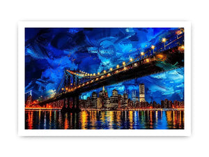 Modern city bridge nightscape painting with illuminated skyline and blue urban reflections wall art