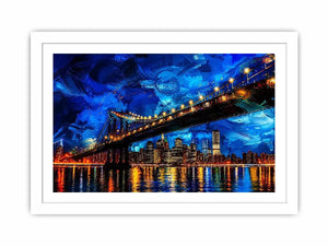 Modern city bridge nightscape painting with illuminated skyline and blue urban reflections wall art