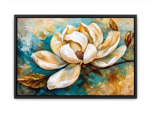 Elegant white magnolia flower painting with soft aqua background botanical wall art
