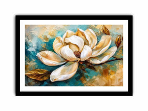 Elegant white magnolia flower painting with soft aqua background botanical wall art