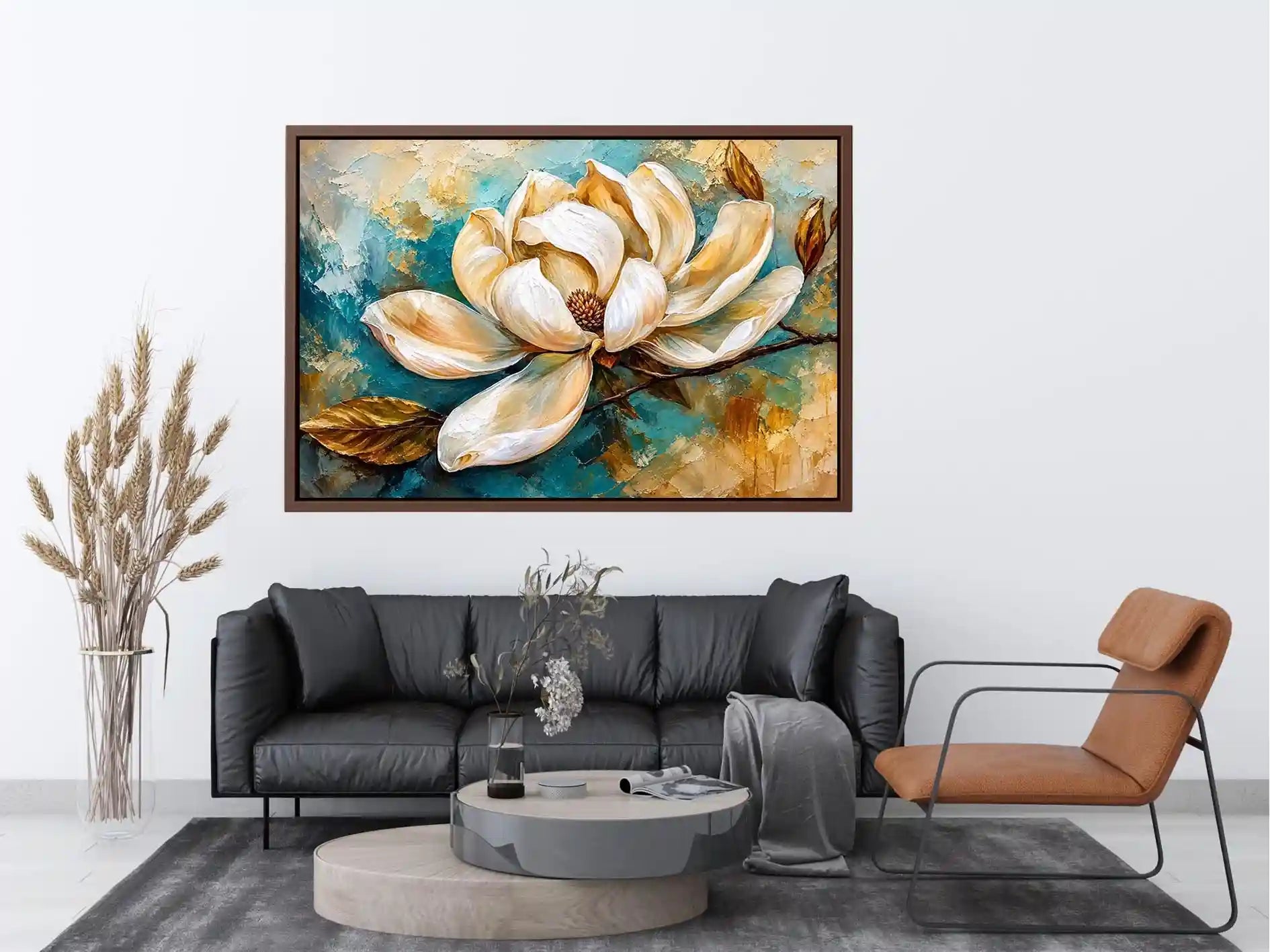 Elegant white magnolia flower painting with soft aqua background botanical wall art
