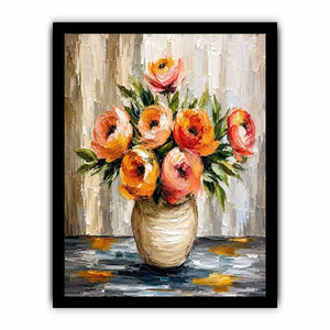 Modern abstract floral vase painting with blush pink flowers and textured neutral background wall art