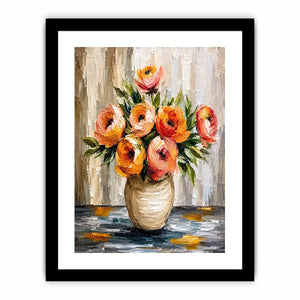Modern abstract floral vase painting with blush pink flowers and textured neutral background wall art