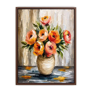 Modern abstract floral vase painting with blush pink flowers and textured neutral background wall art