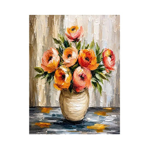 Modern abstract floral vase painting with blush pink flowers and textured neutral background wall art