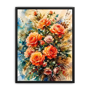 Elegant watercolor rose bouquet painting with peach coral flowers and soft botanical background wall art