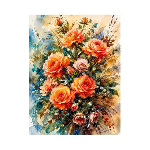 Elegant watercolor rose bouquet painting with peach coral flowers and soft botanical background wall art