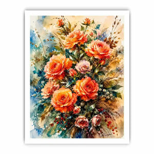 Elegant watercolor rose bouquet painting with peach coral flowers and soft botanical background wall art