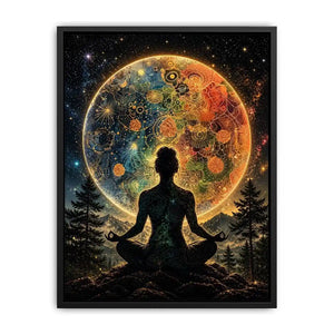 Meditating silhouette with cosmic mandala universe background and colorful celestial patterns