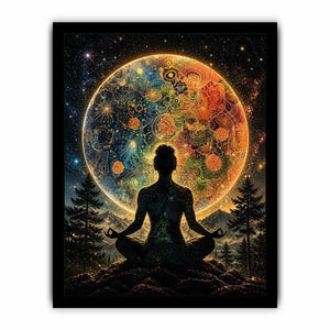 Meditating silhouette with cosmic mandala universe background and colorful celestial patterns