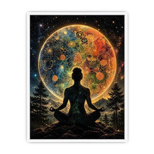 Meditating silhouette with cosmic mandala universe background and colorful celestial patterns