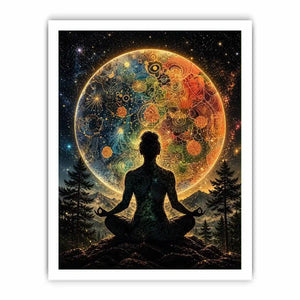 Meditating silhouette with cosmic mandala universe background and colorful celestial patterns