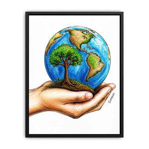 Hand holding Earth with tree illustration in eco inspired environmental wall art design