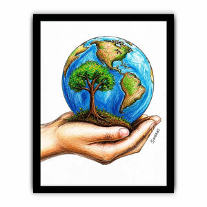 Hand holding Earth with tree illustration in eco inspired environmental wall art design