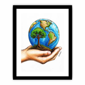 Hand holding Earth with tree illustration in eco inspired environmental wall art design