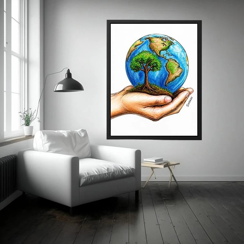 Hand holding Earth with tree illustration in eco inspired environmental wall art design