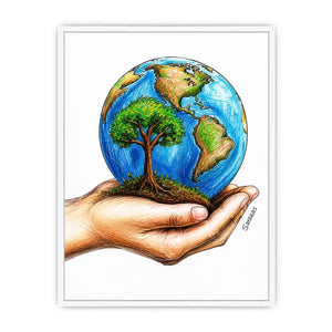 Hand holding Earth with tree illustration in eco inspired environmental wall art design