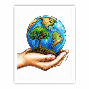 Hand holding Earth with tree illustration in eco inspired environmental wall art design