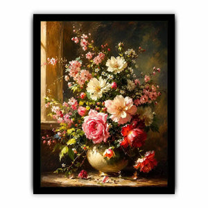 Elegant floral still life painting with pink and white flowers in a classic vase