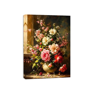 Elegant floral still life painting with pink and white flowers in a classic vase