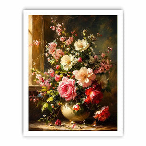 Elegant floral still life painting with pink and white flowers in a classic vase