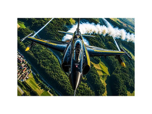 Modern fighter jet flying above a green landscape with dramatic aerial perspective