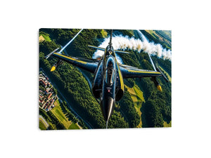 Modern fighter jet flying above a green landscape with dramatic aerial perspective