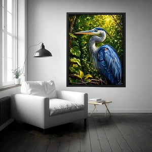 Elegant blue heron surrounded by lush green forest foliage in painterly style
