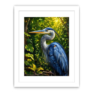 Elegant blue heron surrounded by lush green forest foliage in painterly style