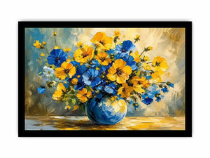 Blue and yellow floral bouquet in a modern impressionist vase painting
